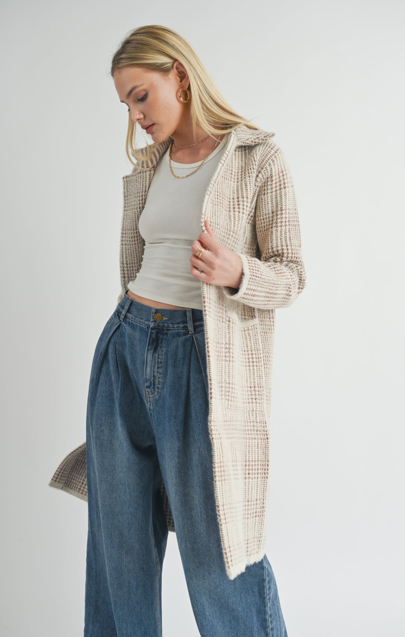 Sage Marceau Houndstooth Coat / cream