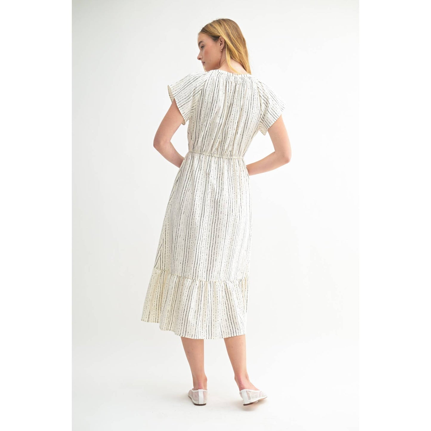 FUN STRIPE PRINT V NECK MIDI DRESS