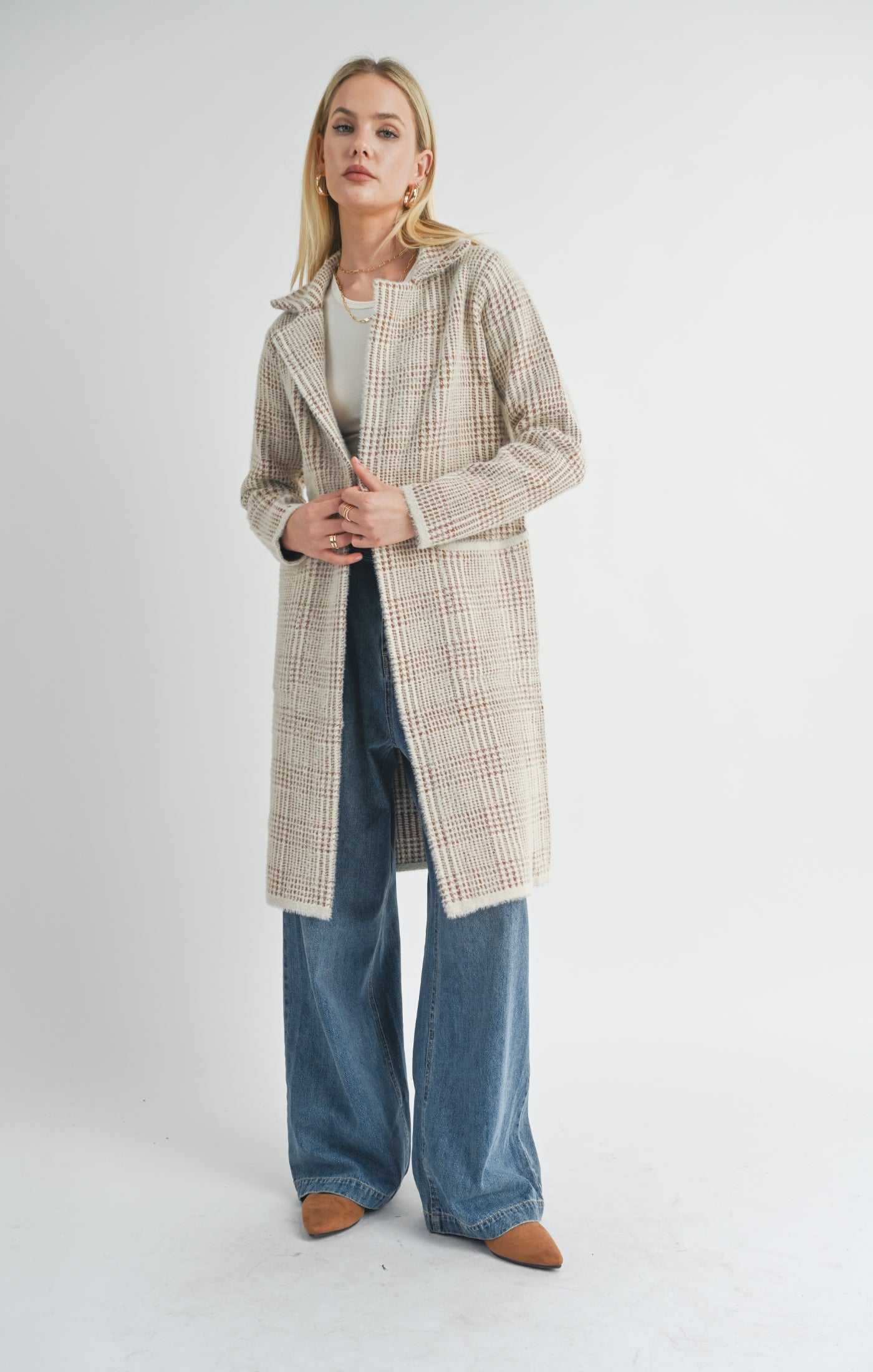 Sage Marceau Houndstooth Coat / cream