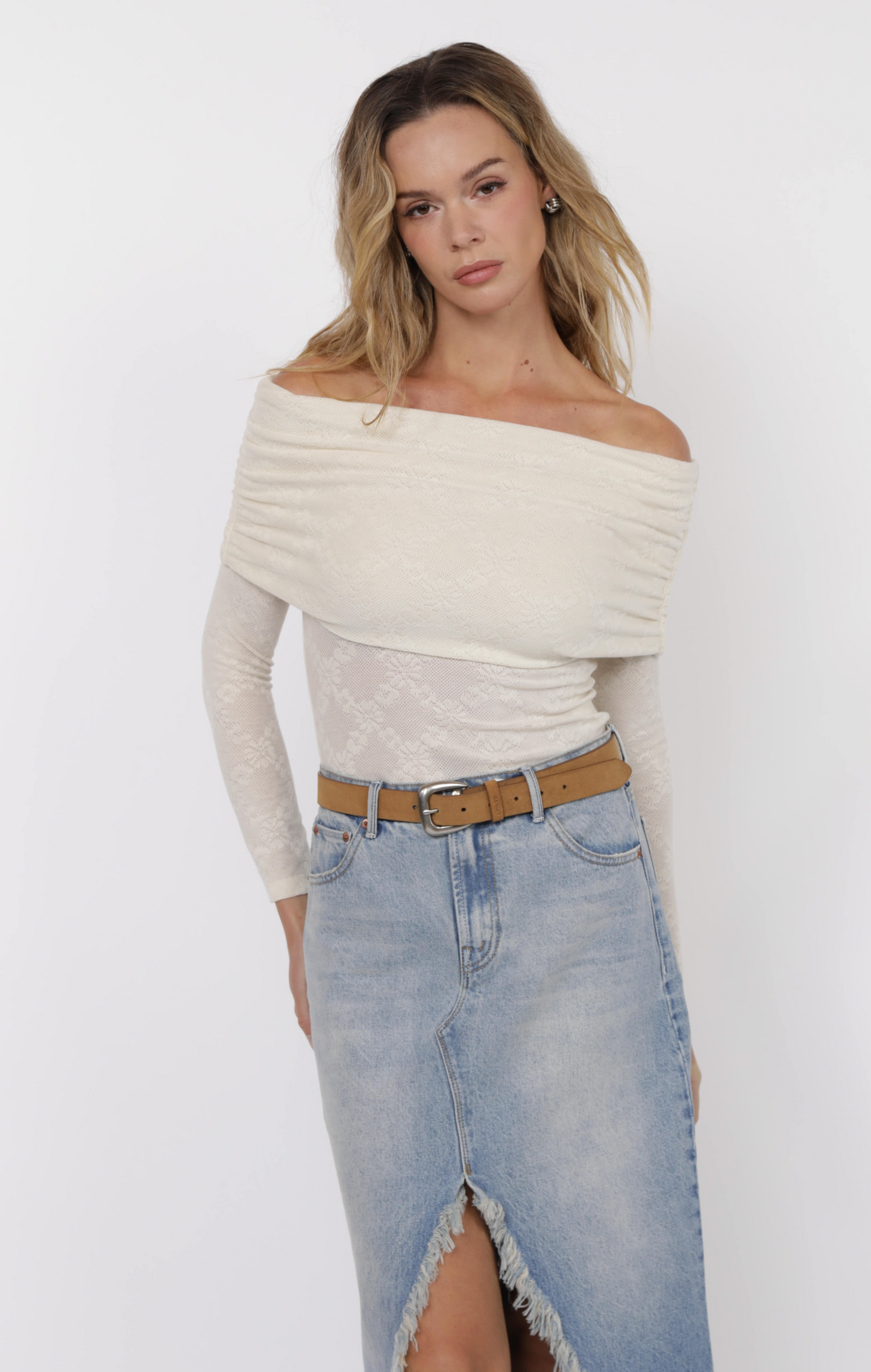 Sage Roadhouse Jacquard Off Shoulder Knit/ cream