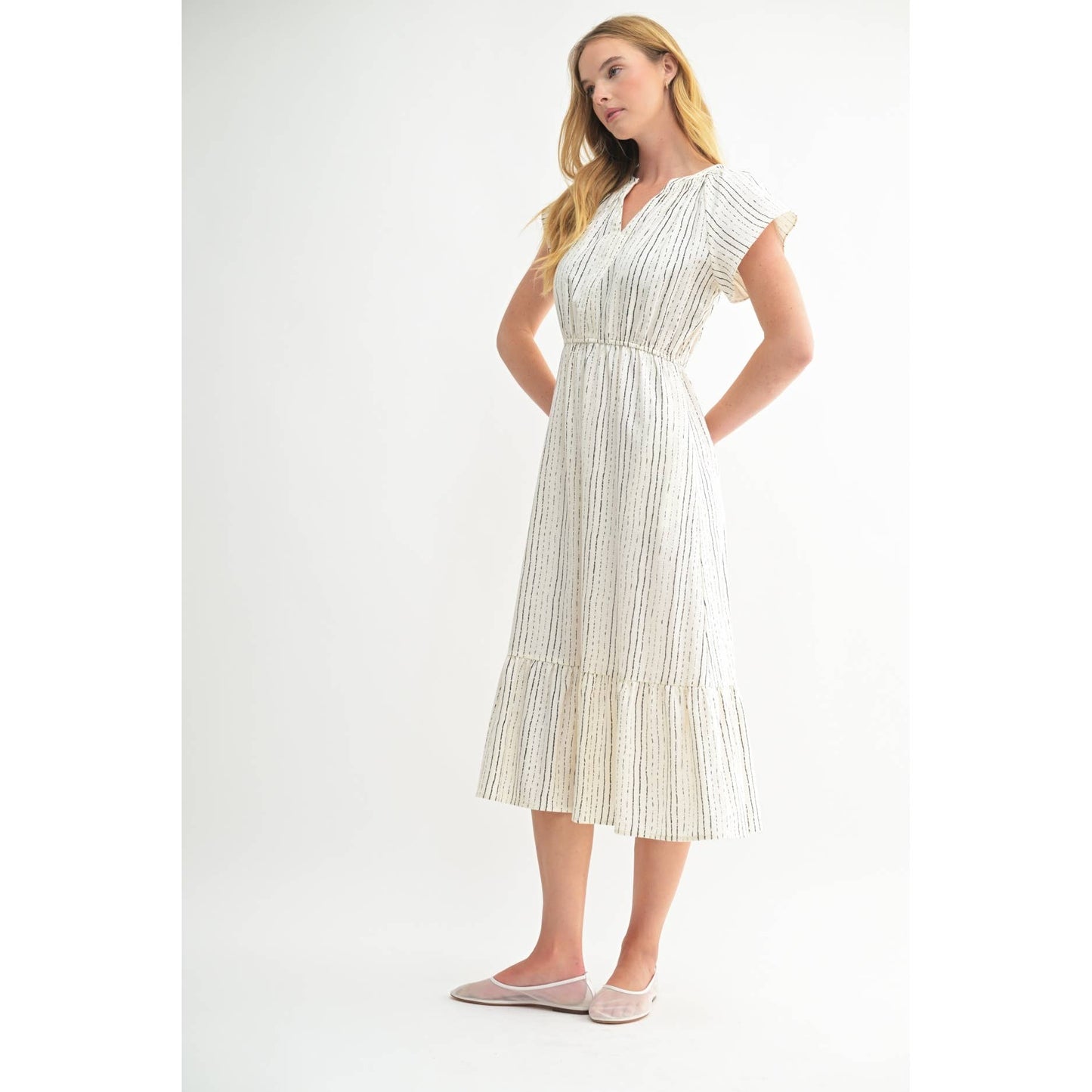 FUN STRIPE PRINT V NECK MIDI DRESS