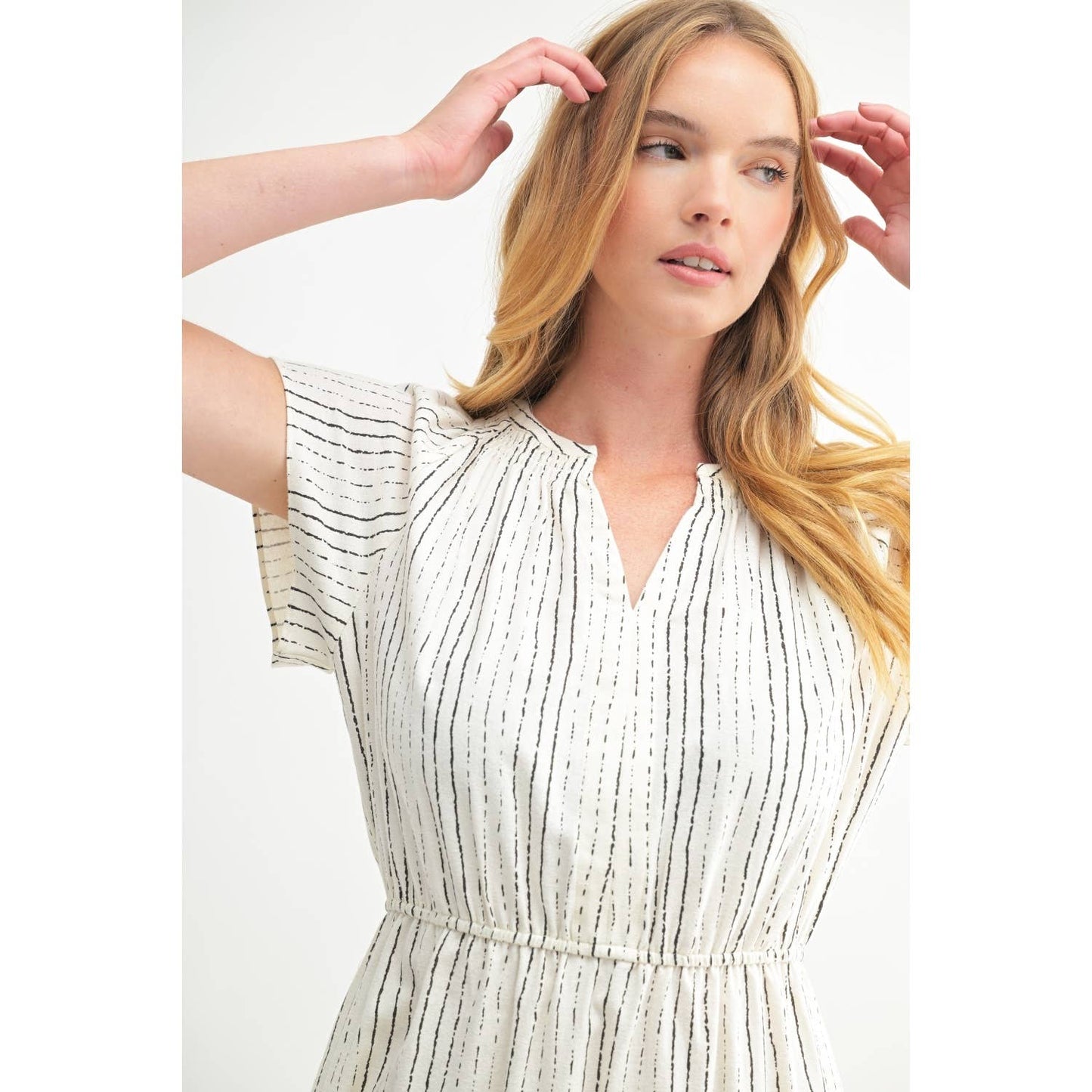 FUN STRIPE PRINT V NECK MIDI DRESS