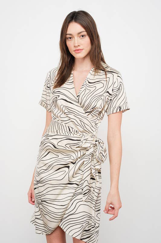 FUN ABSTRACT PRINT WRAP-TIE SATIN DRESS