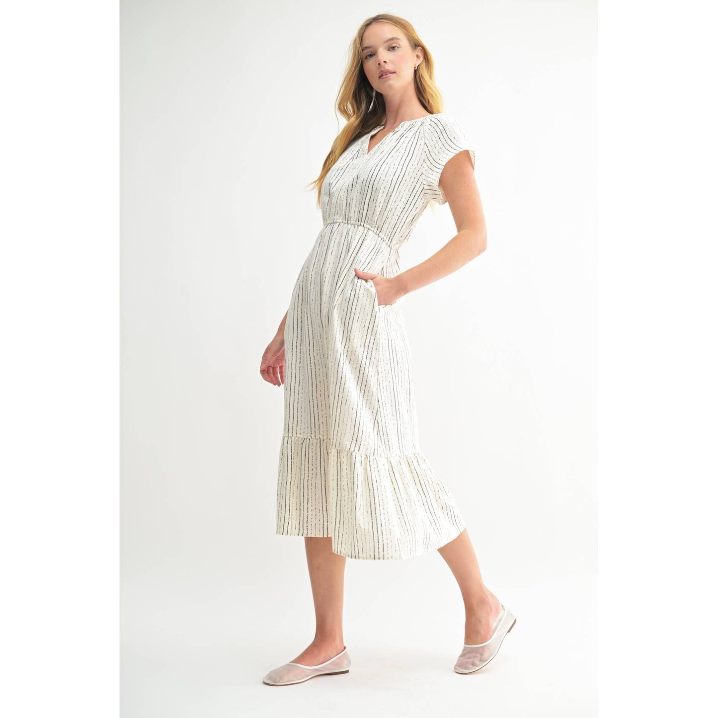 FUN STRIPE PRINT V NECK MIDI DRESS