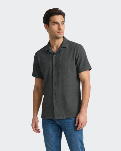 Vustra Black Waffle Knit Camp Shirt for Men