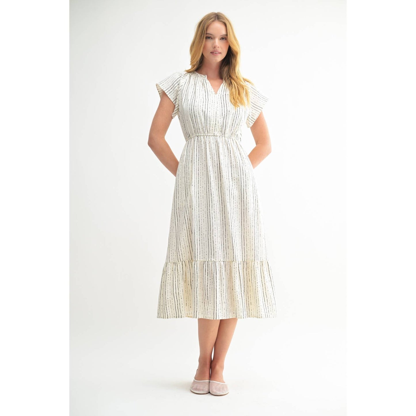 FUN STRIPE PRINT V NECK MIDI DRESS