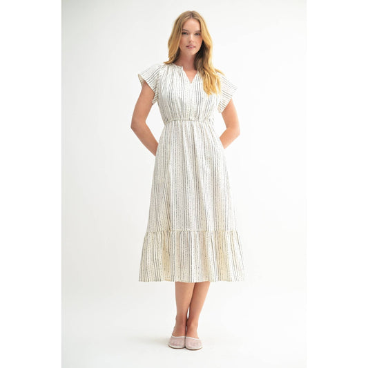 FUN STRIPE PRINT V NECK MIDI DRESS