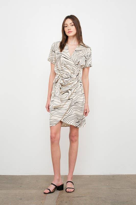 FUN ABSTRACT PRINT WRAP-TIE SATIN DRESS