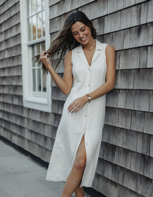 Leukos Linen-Blend Lapel Dress / Ivory