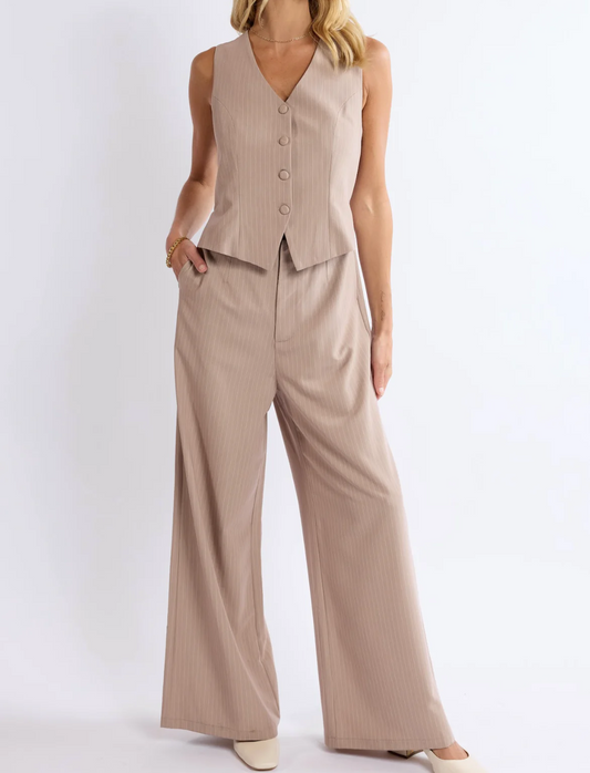 Sage Coffee Shop Pinstripe Vest Jumpsuit