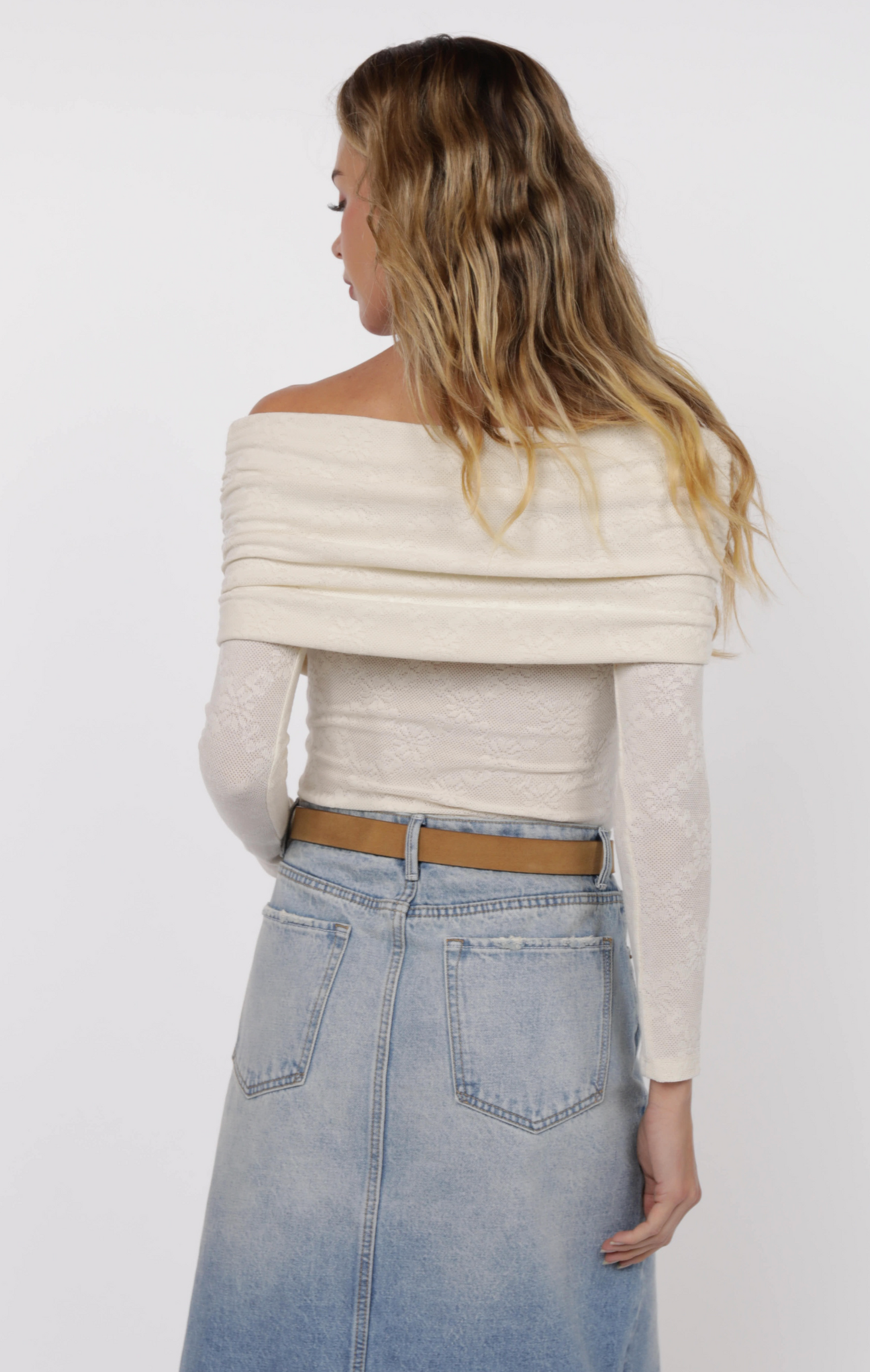Sage Roadhouse Jacquard Off Shoulder Knit/ cream