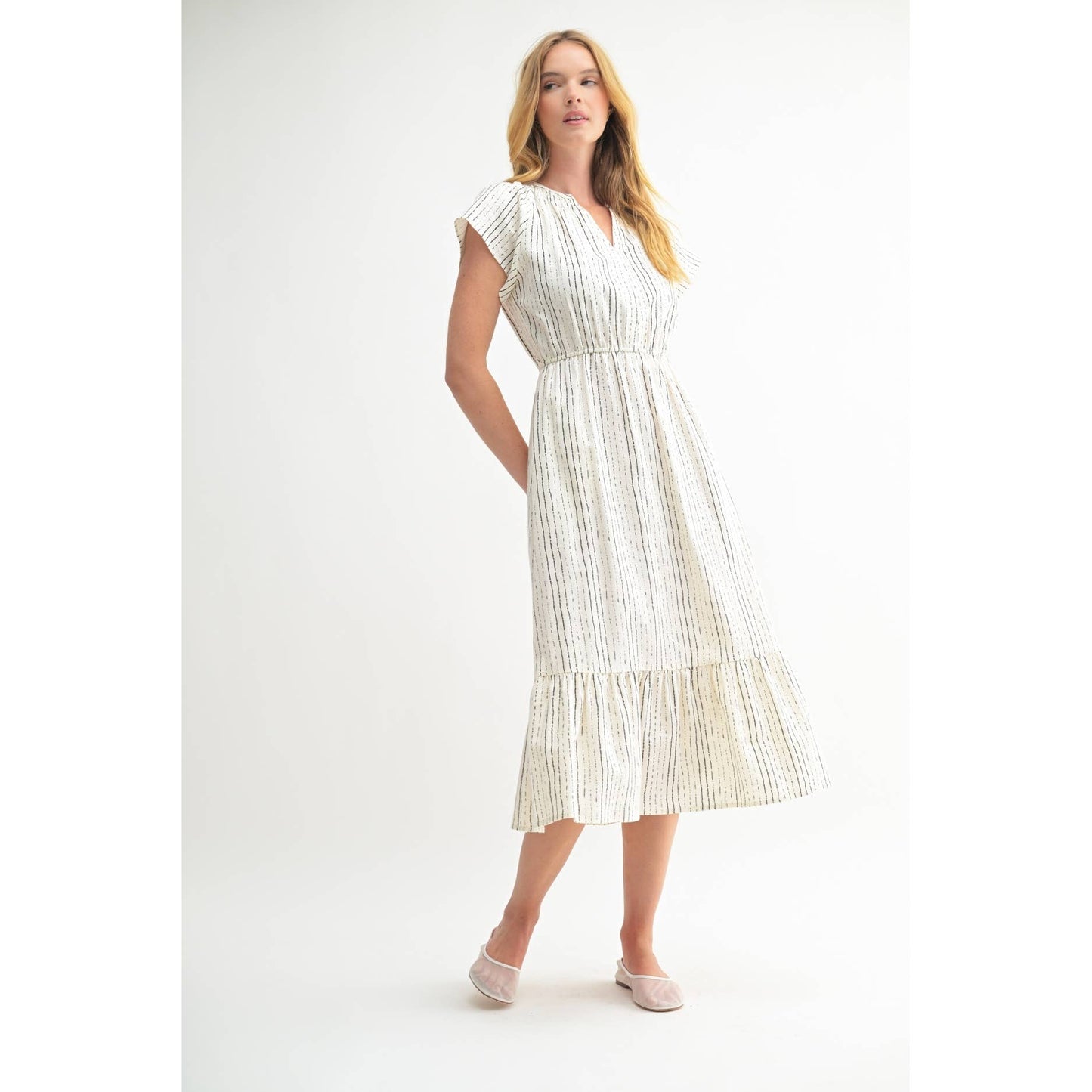 FUN STRIPE PRINT V NECK MIDI DRESS