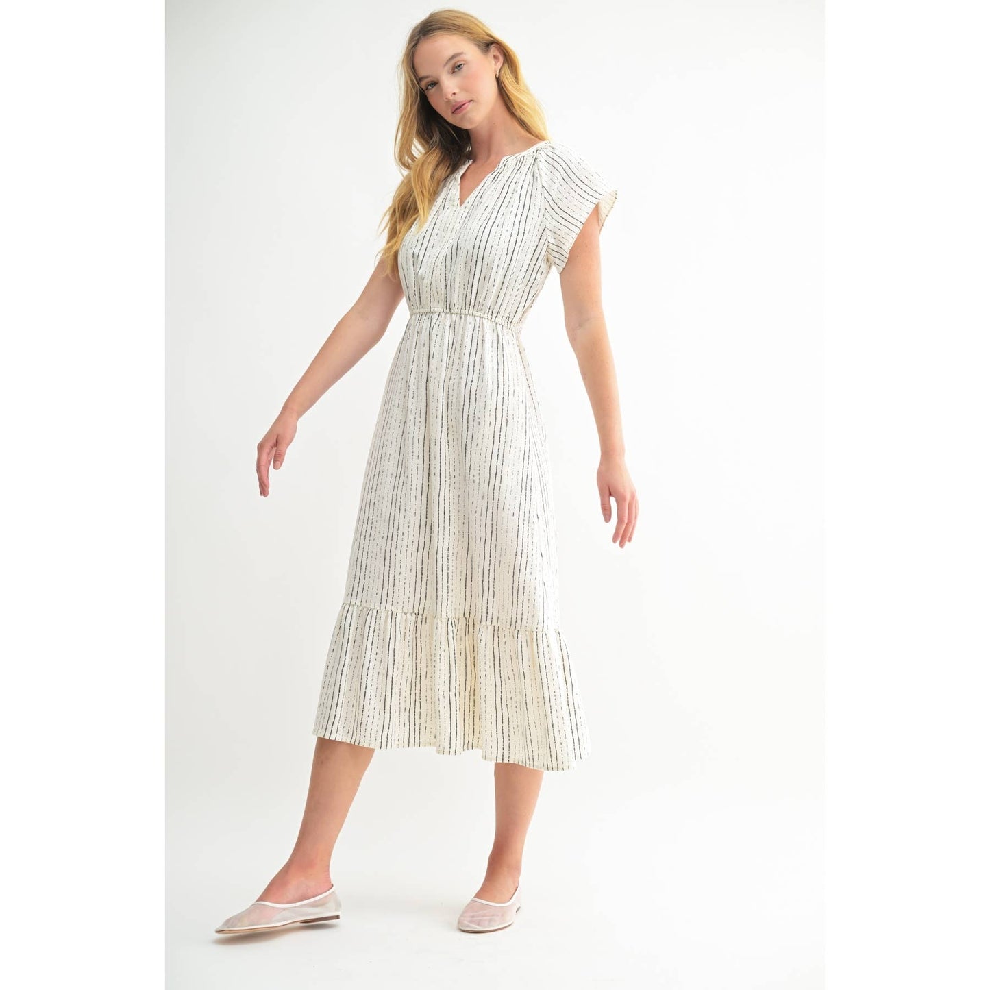 FUN STRIPE PRINT V NECK MIDI DRESS