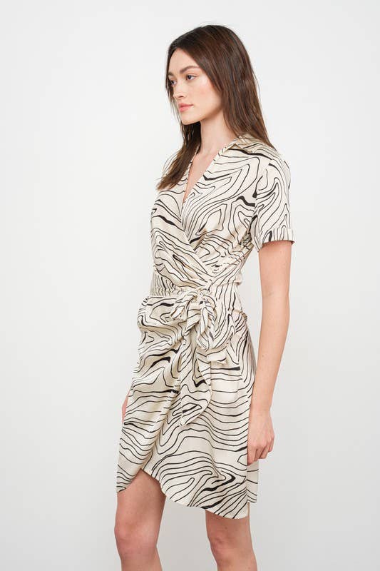 FUN ABSTRACT PRINT WRAP-TIE SATIN DRESS