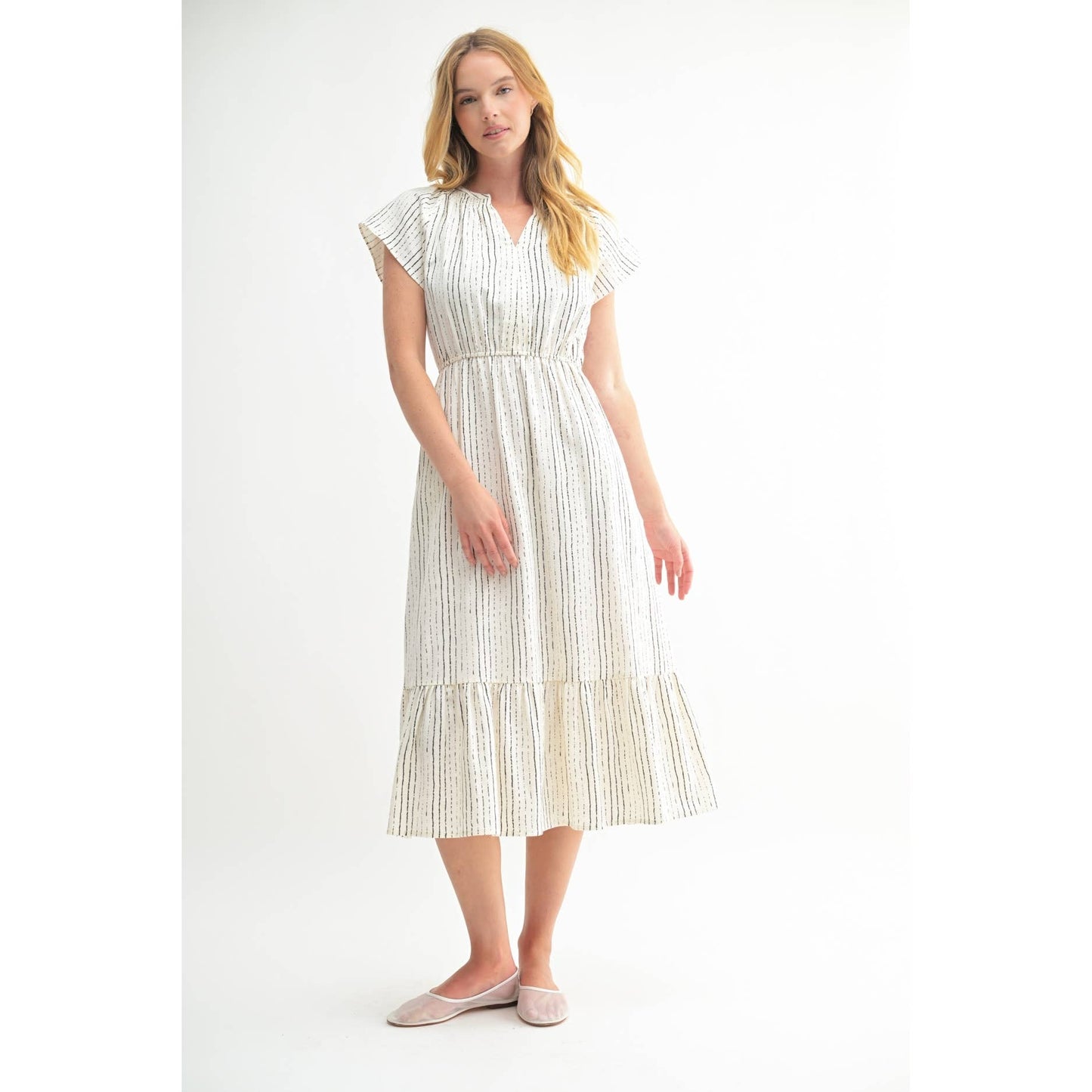 FUN STRIPE PRINT V NECK MIDI DRESS